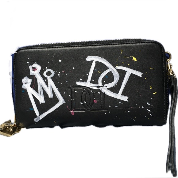 DESERI Black Leather and Gold Handware Paris Wristlet Clutch Paris Hand Painted - Picture 4 of 16